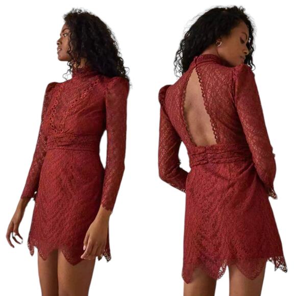 Saylor Celia Puff Shoulder Lace Mini Dress Russet Orange Size XS - Picture 2 of 12